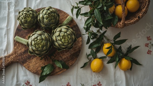 Still life featuring artichokes on a wooden board and lemons in a basket on a floral tablecloth