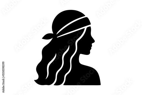 Silhouette of a woman with long wavy hair and headband on a transparent background for hairstyling concept
