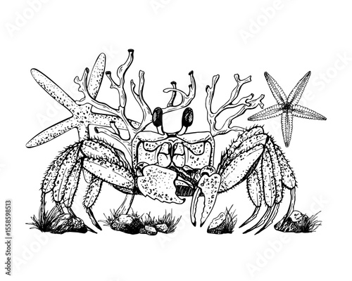 The black and white vector illustration showcases a detailed crab surrounded by starfish, coral, seaweed branches and rocks surrounded by wild grass. Hand drawn composition. Sketch in line art style