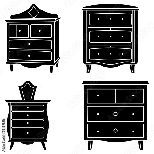 Four chest of drawers in black silhouette with different designs and drawer configurations shown on white