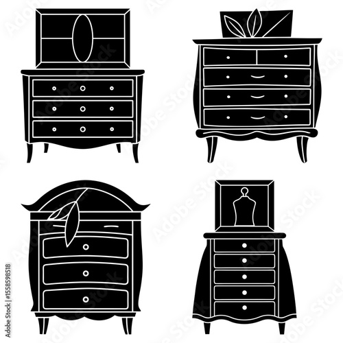 Four antique chest of drawers with different designs and styles in black and white illustration art