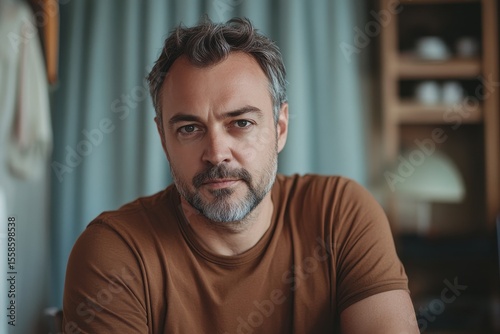 portrait of brutal caucasian man 50 years old in brown T-shirt at home background, men's health, family man