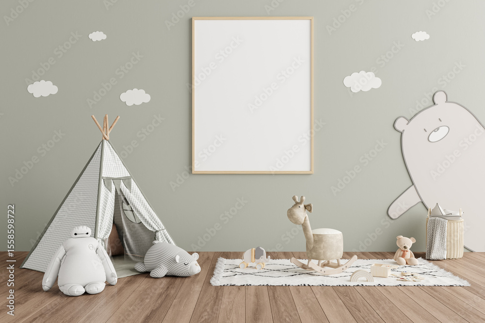 Obraz premium Vertical Poster Frame Mockup in Kids Playroom with Tent, Toys, and Bear Wall Decoration on Green Wall Background