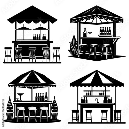 Illustration of four different bar stands with stools and various drinks in a black and white style