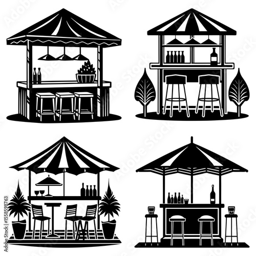 Black and white vector illustration of four different bar setups with stools and various drinks on the counters