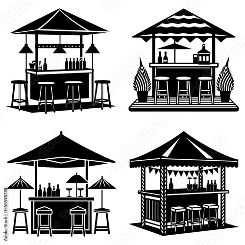 Four black and white illustrations of different outdoor bar setups with stools and various decorations