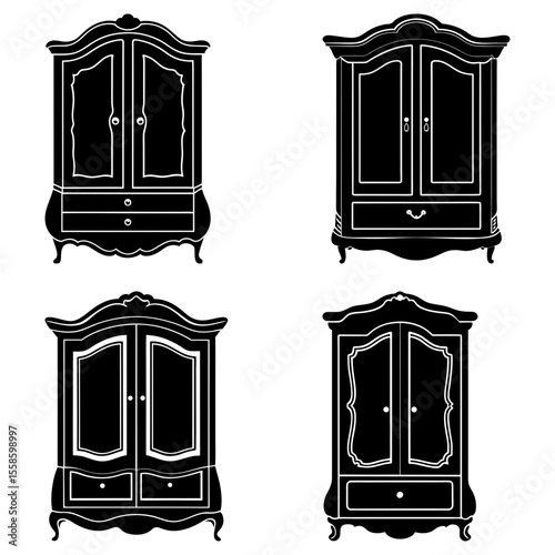 Four antique style wardrobes in black silhouette with ornate details and curved tops displayed on white