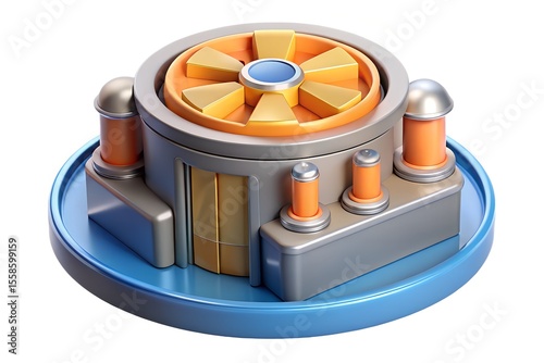 Futuristic industrial building with orange and gold accents on blue base