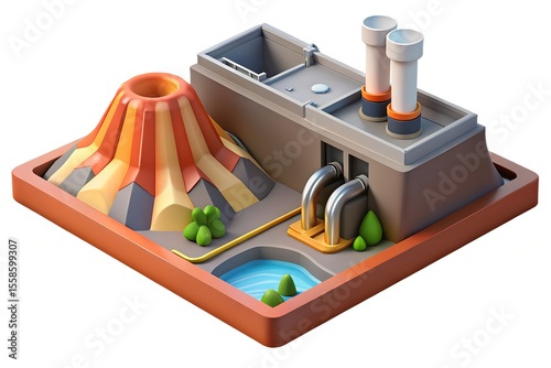 Isometric geothermal power plant with volcano and water feature