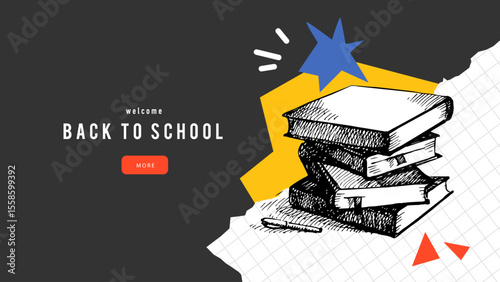 Back to school sketch collage background with books. School poster design template. Vector hand drawn illustration