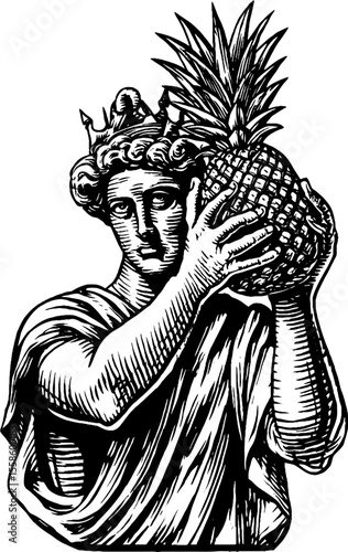 Ancient statue holding pineapple illustration - vintage retro hand drawn design