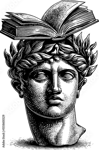 Classical bust with open book - vintage hand drawn design for artistic and educational themes
