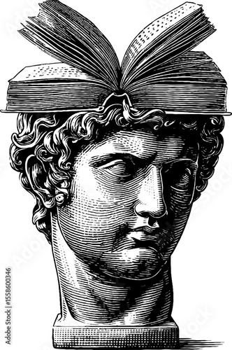 Classic bust statue with open book balanced on head for educational and artistic design