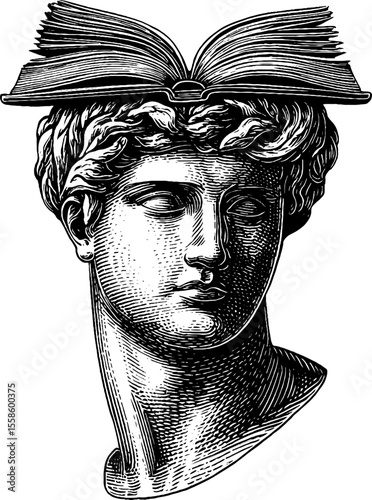 Classical bust with open book balance - retro engraving design for art and decoration