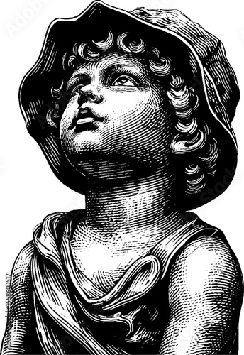 Childlike statue with bucket hat gazing upward