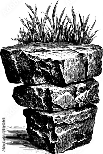 Vintage engraving of cracked column base with grass for historical design