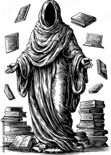 Mysterious cloaked figure with floating books and stacked texts in vintage style