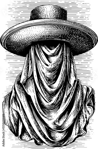 Mysterious cloaked sculpture with wide brimmed hat silhouette