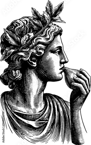 Goddess statue enjoying fig - vintage engraving silhouette for design