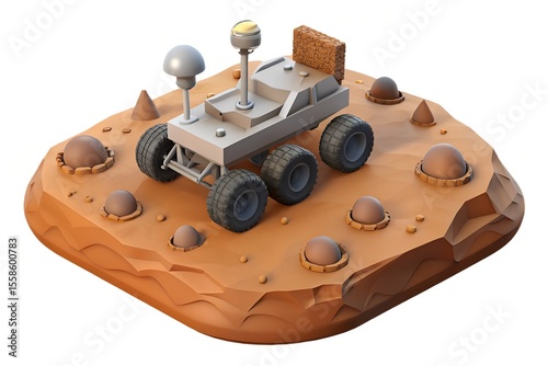 Stylized mars rover exploring a cratered alien landscape with domes