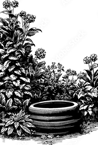 Heavily aged ionic volute with surrounding botanical elements - vintage sketch
