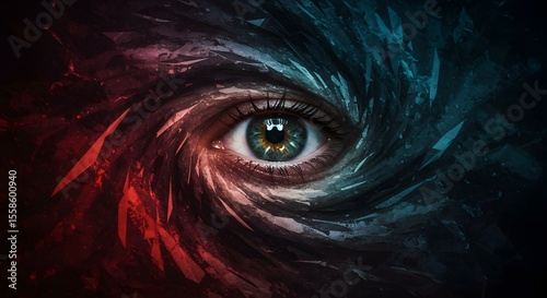 Intriguing eye illustration with swirling shapes in red and blue, creating a captivating visual of perception, emotion, and observation.