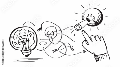 Hand-drawn sketch:  Idea generation, innovation concept; lightbulb, puzzle, connecting lines, finger activating solution;  whimsical, creative, problem-solving illustration.