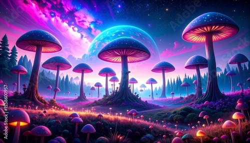 Psychedelic mushroom forest in space