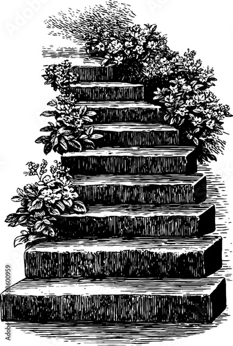 Vintage temple stairway with moss and floral silhouette for retro design