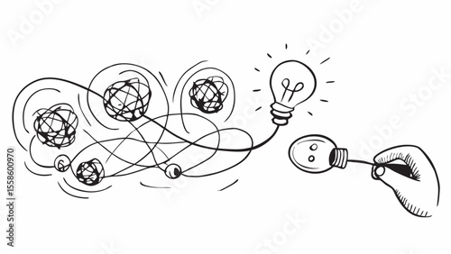 Hand-drawn sketch:  Connecting chaotic ideas to a bright lightbulb; innovative brainstorming concept; creative problem-solving illustration.