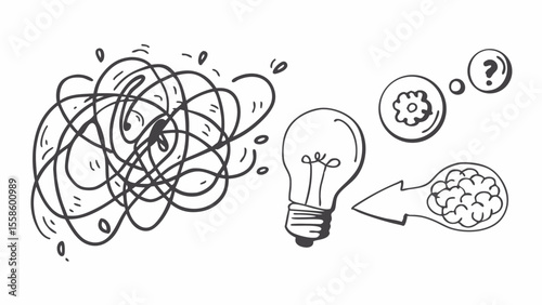 Hand-drawn doodle illustration: Problem-solving, tangled lines transforming into a lightbulb idea, brainstorming concept, creative solution.