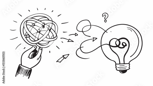 Hand-drawn sketch: complex problem solving, idea generation, innovative solution, business concept, creative thinking, brainstorming, problem-solving process.