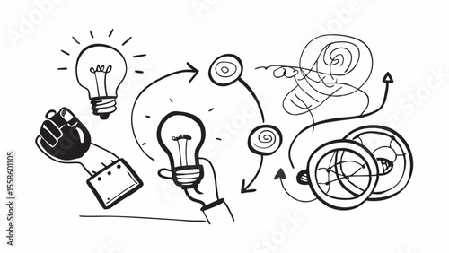 Hand-drawn sketch illustrating brainstorming, idea generation, and problem-solving process;  creative, conceptual, and energetic mood.