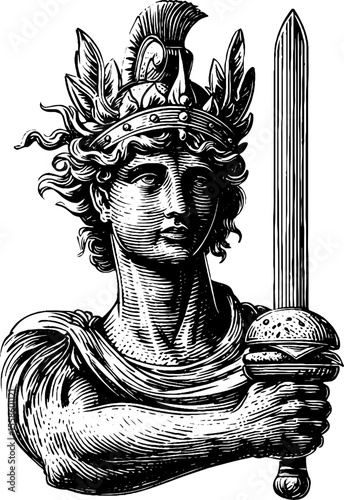 Humorous marble warrior statue holding burger in hand drawn vintage style