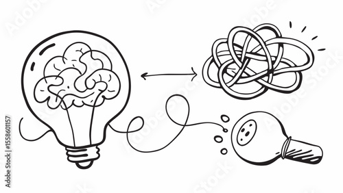 Hand-drawn illustration: Brain in lightbulb transforming into tangled lines, then resolving into a clear solution.  Problem-solving concept.
