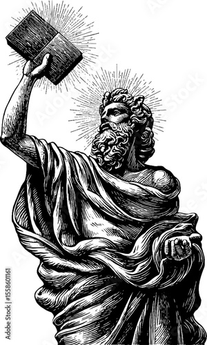 Mythic statue lifting a glowing book to the sky engraving