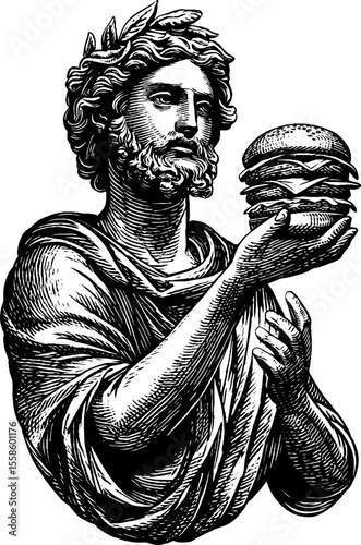 Mythological figure holding double cheeseburger in vintage sketch engraving style