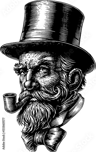 Mythological gentleman with monocle and top hat smoking a pipe - vintage engraving style