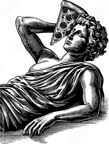 Whimsical reclining statue using pizza slice as fan hand drawn vintage sketch