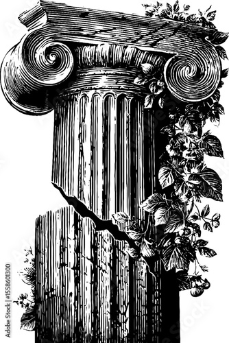 Ancient ruined column with flowers and elegant details for artistic design