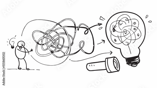 Problem Solving:  Doodle Style Illustration of  Complex Idea Transforming into a Bright Solution.