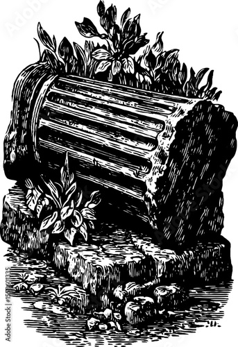 Ancient ruined entablature overgrown with foliage - retro landscape design for posters and cards