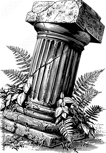 Ancient ruined stone pediment with ferns illustration for historical design