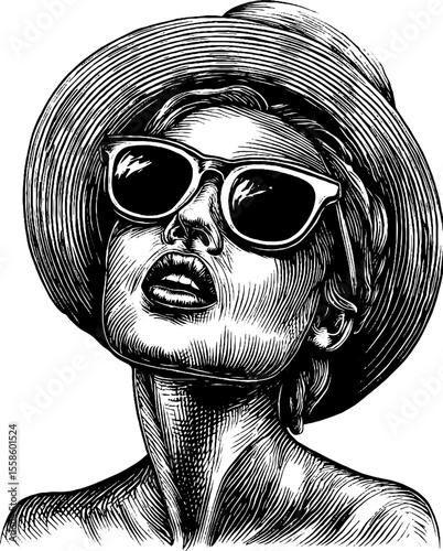 Vintage hand drawn sculpture with tilted floppy hat and sunglasses