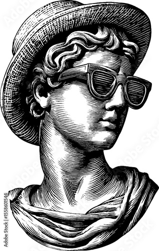 Vintage bust sculpture with tilted hat and sunglasses illustration for retro design