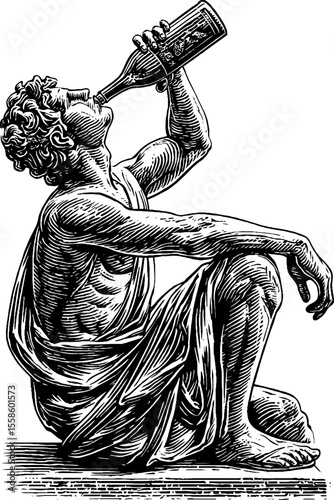 Vintage seated statue enjoying fizzy drink - retro sketch for design and decoration