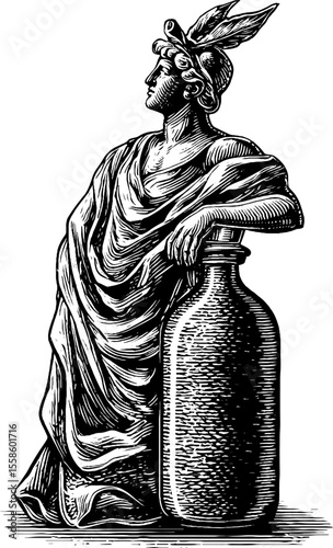 Vintage statue silhouette leaning on massive corked bottle in engraved style