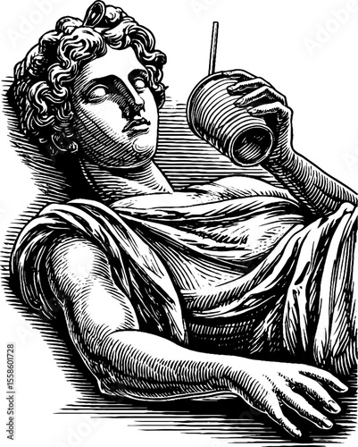 Vintage reclining statue with milkshake cup: retro hand drawn engraving for art and design