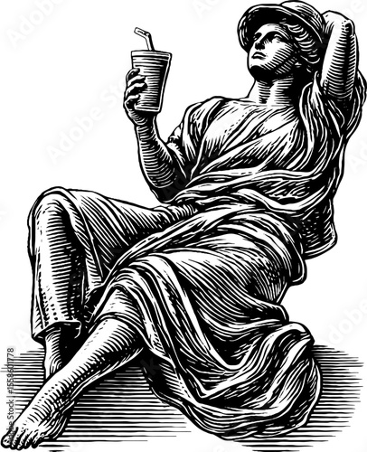 Vintage engraving of a reclining statue holding a milkshake cup