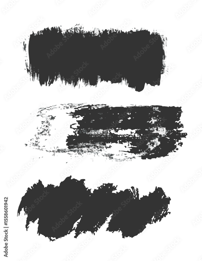 Black brush strokes set in different shapes. Smooth lines, rough textures, uneven edges, bold smears, abstract smudges. Features dynamic irregular forms with textured surfaces and sharp messy details
